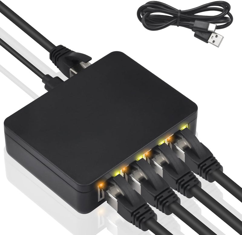 Poyiccot موزع إيثرنت RJ45 بسرعة 1000 ميجابت في الثانية، موزع إيثرنت عالي السرعة 1 إلى 4، محول شبكة جيجابت RJ45 مع كابل طاقة USB لكابلات Cat5 و Cat6 و Cat7 [4 أجهزة تتصل بالإنترنت في نفس الوقت] - Image 1